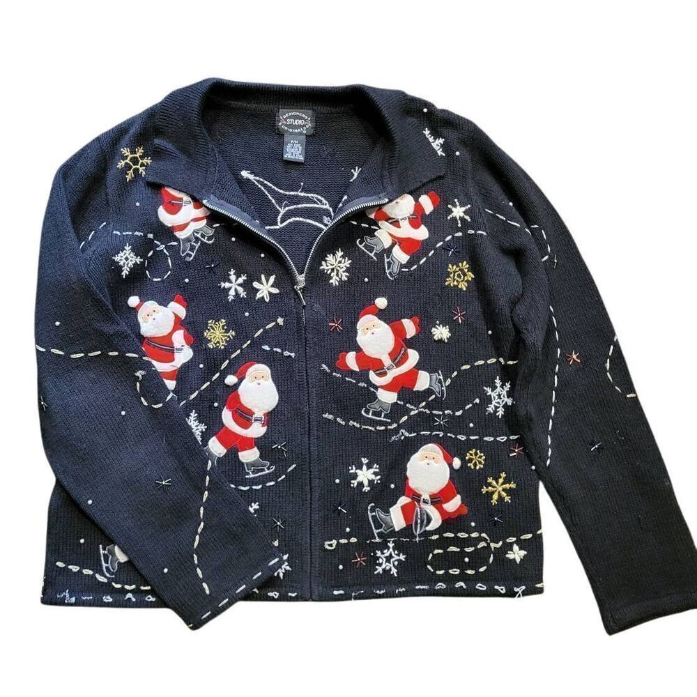 Designer Originals Cardigan Sweater Women's Medium Petite Black Santa Christmas